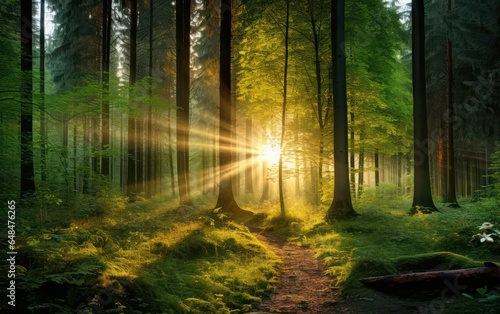 Beautiful rays of sunlight in a green forest © sitifatimah