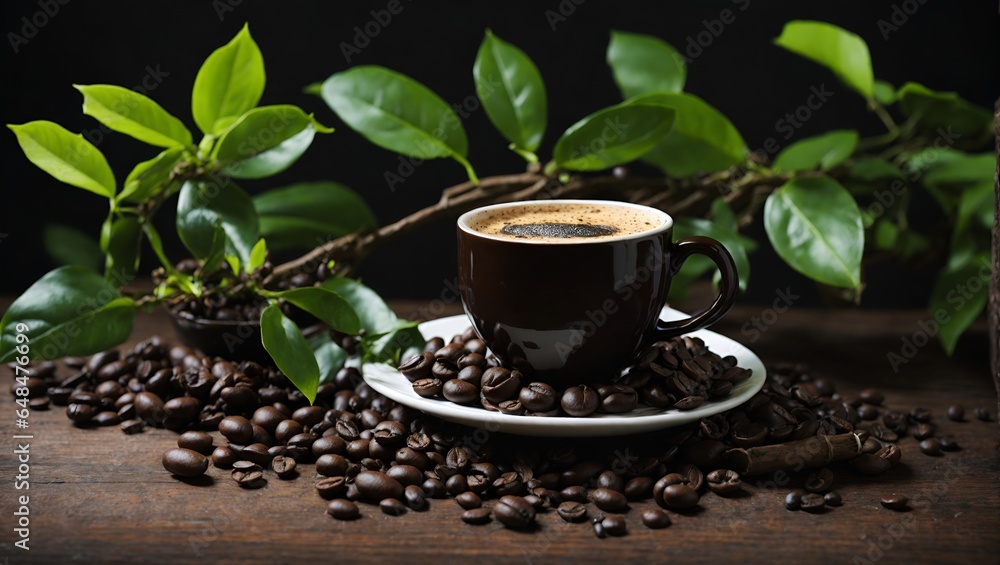 cup of coffee with coffee beans and coffee plant cup of coffee with coffee beans and coffee plant
