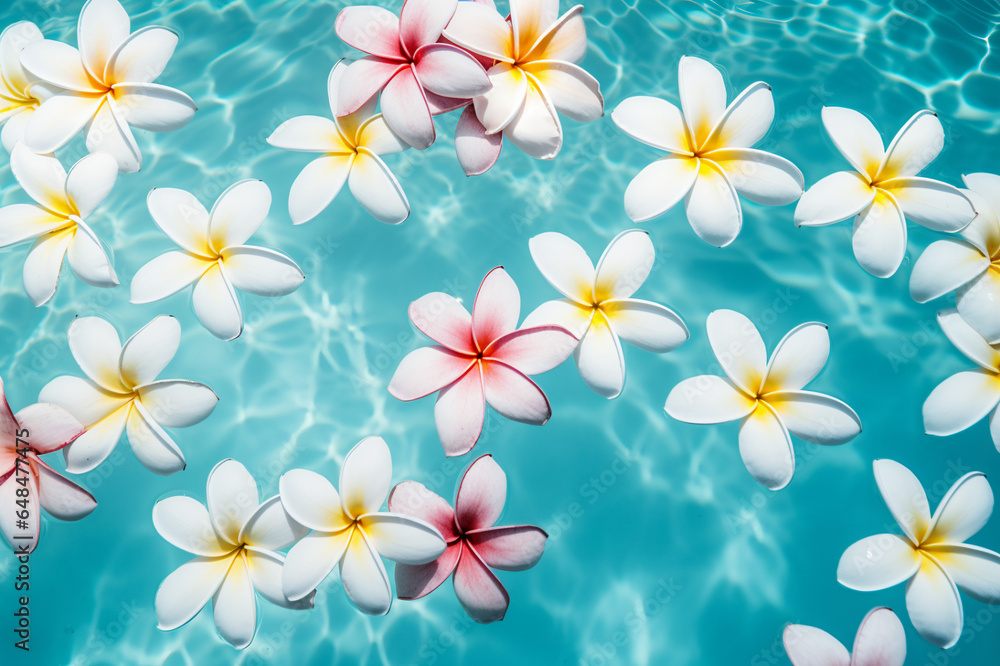 beautiful plumeria flowers floating in the swimming pool top view