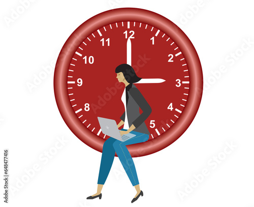 Woman with laptop sitting in clock. Time management. Isolated. Vector illustration.
 photo