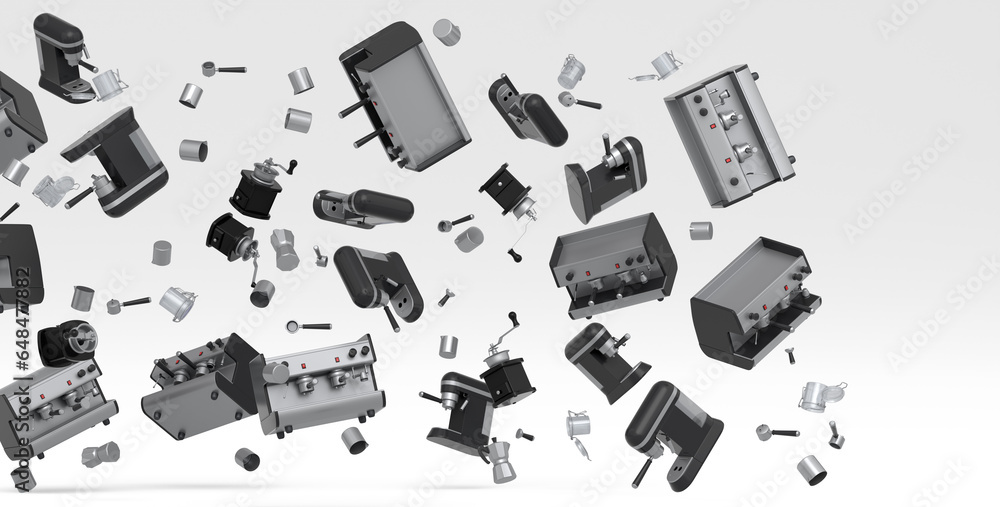 Many of flying espresso machine with horn, cups, geyser coffee maker and grinder Many of flying espresso machine with horn, cups, geyser coffee maker and grinder