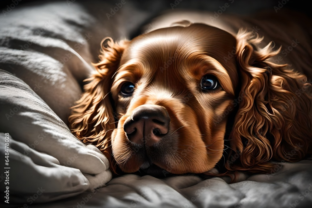 english cocker spaniel puppy resting on the bed - obrazy, fototapety, plakaty 