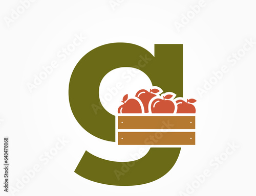 lowercase letter g with apple crate. creative fruit and organic food alphabet logo. harvest and gardening design