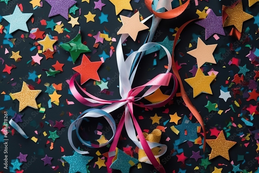 Party Confetti with star and serpentine ribbon. Party, Holiday, Surprise or Birthday Events