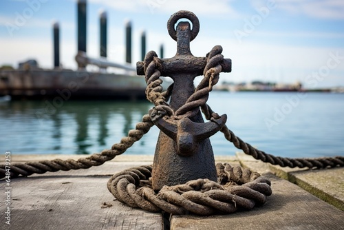 Antique mooring anchor and knot on pier, maritime emblem. Generative AI photo
