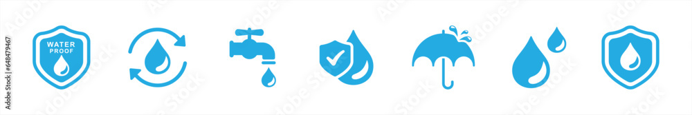 Waterproof icon set in flat style. Water and Dust, liquid proof protection, Shield with water drop, Water Proof, Water resistant, Water protection simple black style symbol sign for apps and website. Waterproof icon set in flat style. Water and Dust, liquid proof protection, Shield with water drop, Water Proof, Water resistant, Water protection simple black style symbol sign for apps and website.