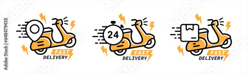 Express delivery icon set in line style. Scooter motorcycle with stop watch icon for service, order, fast, free, worldwide shipping simple style symbol sign for apps and website, vector illustration.