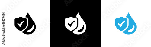 Shield with water drop icon set in flat style. Waterproof, Water and Dust, liquid proof protection, Water Proof, Water resistant, Water protection simple black style symbol sign for apps and website.