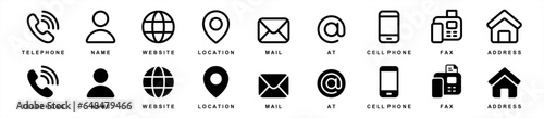 Contact information icon set in line style. Business card, Home, Phone, Location, Address, Website, mail, fax, user simple black style symbol sign for apps and website, vector illustration.