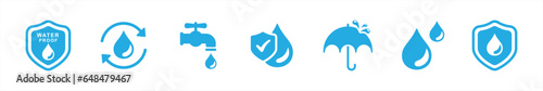 Waterproof icon set in flat style. Water and Dust, liquid proof protection, Shield with water drop, Water Proof, Water resistant, Water protection simple black style symbol sign for apps and website.