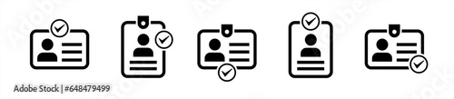 ID Card icon set in flat style. ID Card with Circle tick approved, Driver's license Identification card simple black style symbol sign for apps and website, vector illustration.