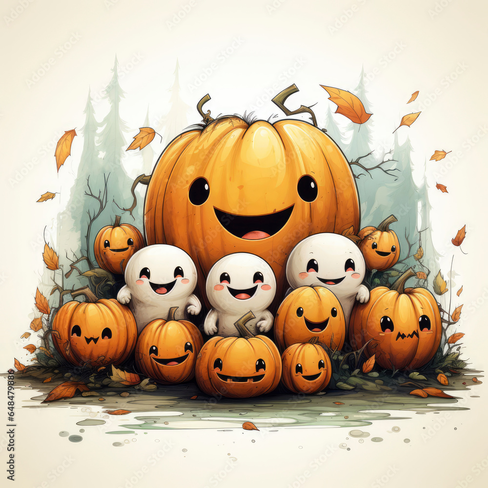 A cute illustration of pumpkins and ghost A cute illustration of pumpkins and ghost