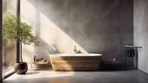 Bright minimal bathroom interior with white marble basin and double mirrors, bathtub, plant, concrete floor © © Raymond Orton
