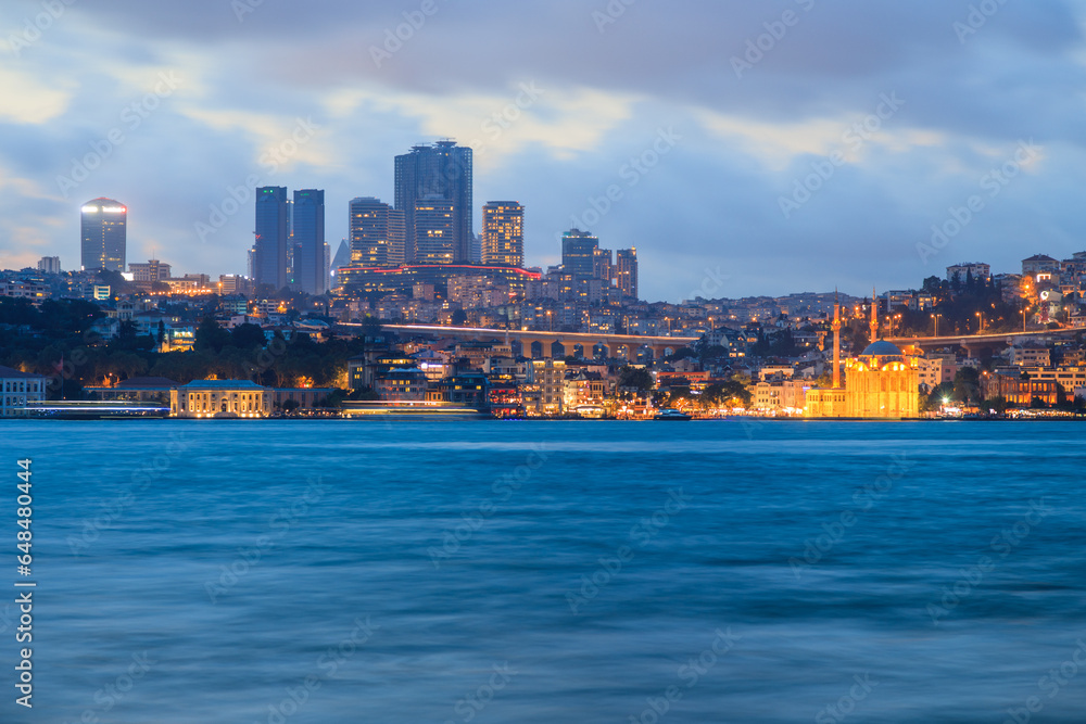Istanbul european continent, Besiktas Ortakoy and Levent view from Kuzguncuk with night lights in Istanbul, Turkey