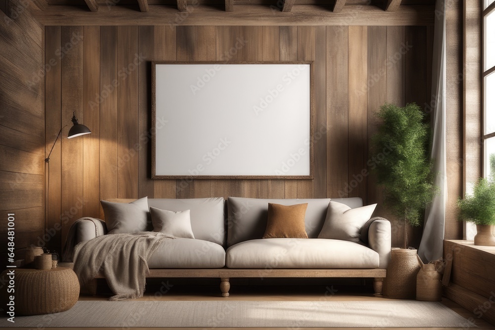 modern living room with blank white frame on wall modern living room with blank white frame on wall
