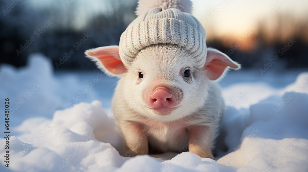 Cute mini pig in Winter Hat. Generative AI