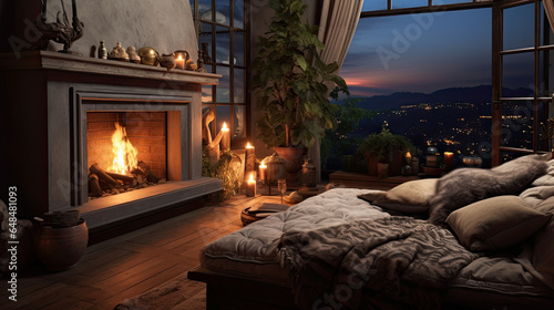 Cozy Fireplace Glow with Burning Candle in a Dark Night