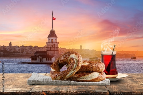 Turkish Bagel, Traditional Pastries of Turkey and View of Istanbul Maiden's Tower