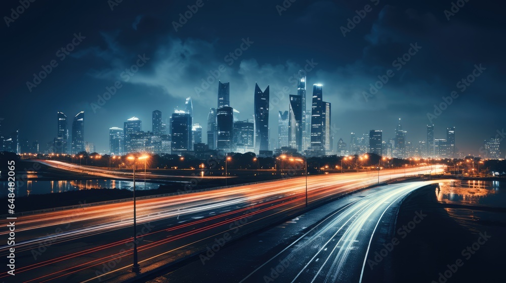 Night city with vehicle lights, AI generated Image