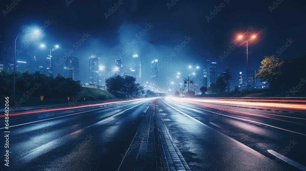 Night city with vehicle lights, AI generated Image Night city with vehicle lights, AI generated Image