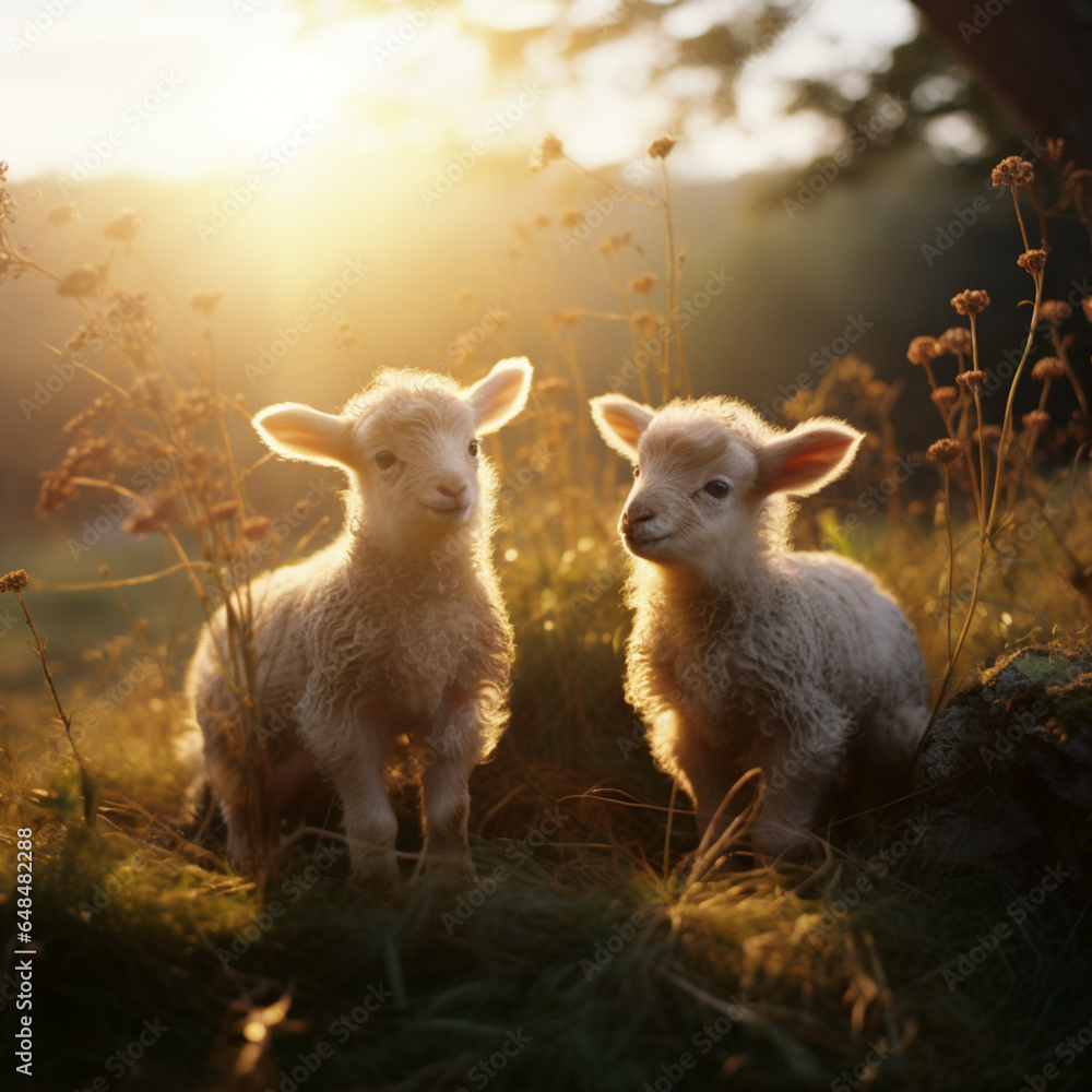 side view image, two newborn lambs standing on a field side view image, two newborn lambs standing on a field
