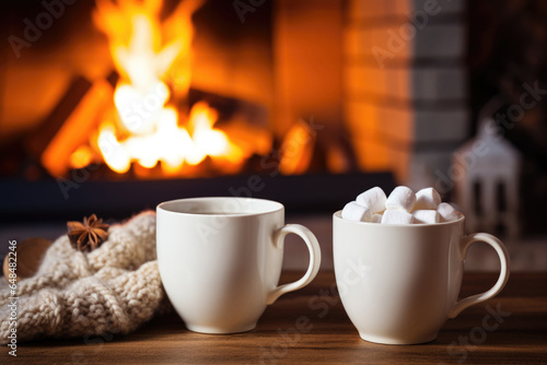 Two mugs of coffee by the fireplace, cozy autumn evening.