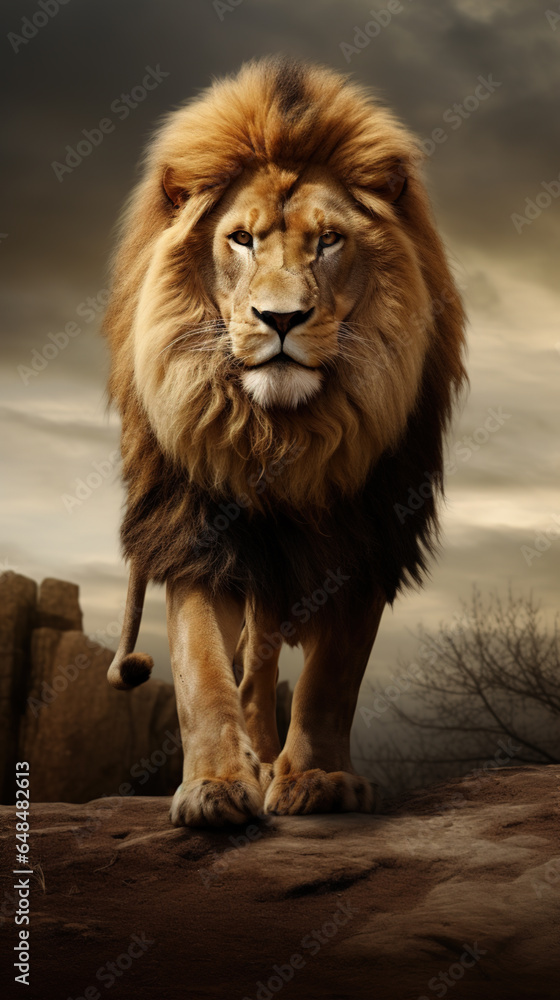 Epic portrait of a male lion. Wild life.