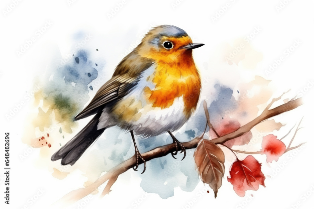 Watercolor painting of a robin bird in autumn between autumn leaves