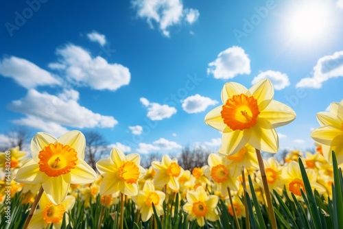 Vibrant daffodils bloom under a sunny sky in this beautiful spring background. Generative AI