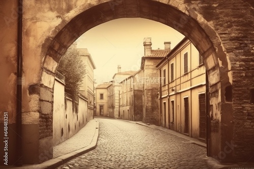 Vintage cityscape with archway and cobblestones. Generative AI