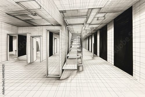 Abstract perspective drawing of 3 rooms with matching point of view. 3D grids outlined in black. Unique composition. Generative AI