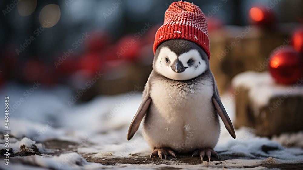 Obraz premium Christmas penguin in knitted hat on the snow. Generative Ai