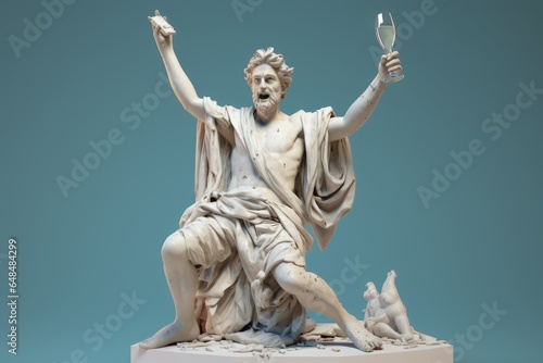 A statue of the man holding a champagne, Cheers!, A marble statue of a Greek man cheers, Generative ai photo