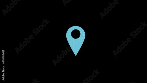 Neon glowing blue location pin icon animated on a black background. Minimalist concept for map navigation and travel themes
