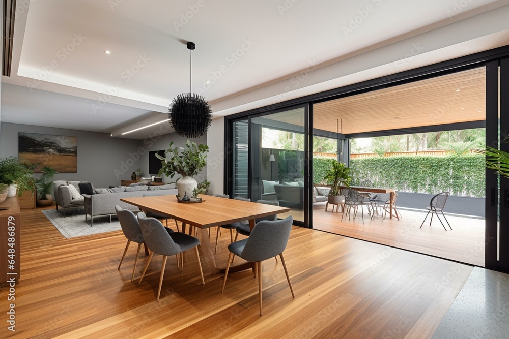 Contemporary dining and living area, garden outlook, open doors, wooden floors, sizable garden, wooden patio. Generative AI
