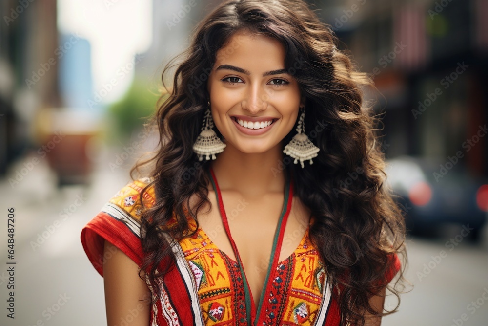 Φωτογραφία A waist-up portrait captures a Latin American young adult wearing Chilean huaso traditional clothing while strolling down the street