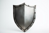 The image depicts a solitary shield made of metal and placed in isolation against a plain white backdrop. Generative AI