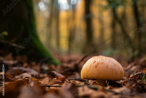 Autumnal mushroom in a forest path, with blurred background. Generative AI