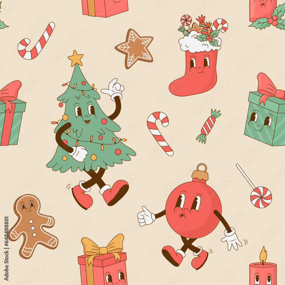 Seamless pattern with retro cartoon Christmas characters.   Gingerbread, Christmas tree, giftbox, candle, ball mascot. Vector illustration. Wrapping paper, greeting card, print, New Year background
