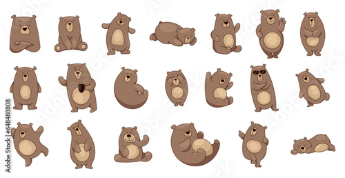 Bear character cartoon. Funny teddy in different pose and activities. Vector drawing. Collection of design elements.