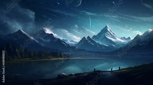 Mountains range with a lake in front of it at night