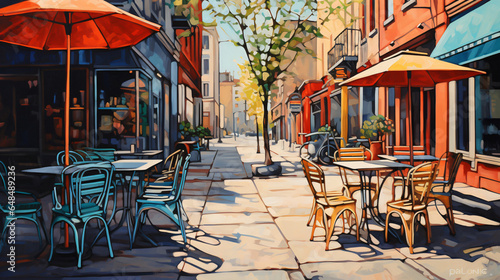Painting of a city street with tables chairs and Restaurant © Tariq