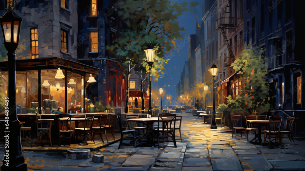 Painting of a city street with tables chairs and Restaurant
