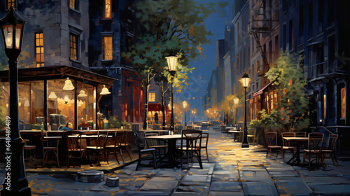 Painting of a city street with tables chairs and Restaurant
