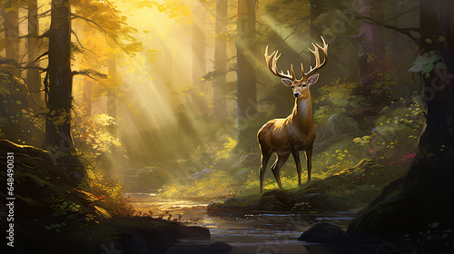 Painting of a deer in a forest with sunlight © Tariq