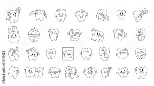 Cute tooth character. Coloring Page. Care and cleaning concept. Morning routine. Dentistry. Vector drawing. Collection of design elements.