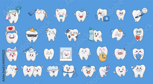 Cute tooth character. Care and cleaning concept. Morning routine. Dentistry. Vector drawing. Collection of design elements.