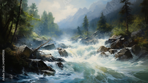 Painting of a river with a bunch of water rushing