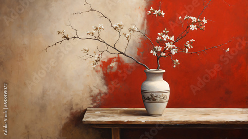 Painting of a wall with a red and white vase