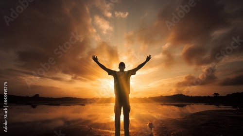 Silhouette of a man praising and symbol of a cross